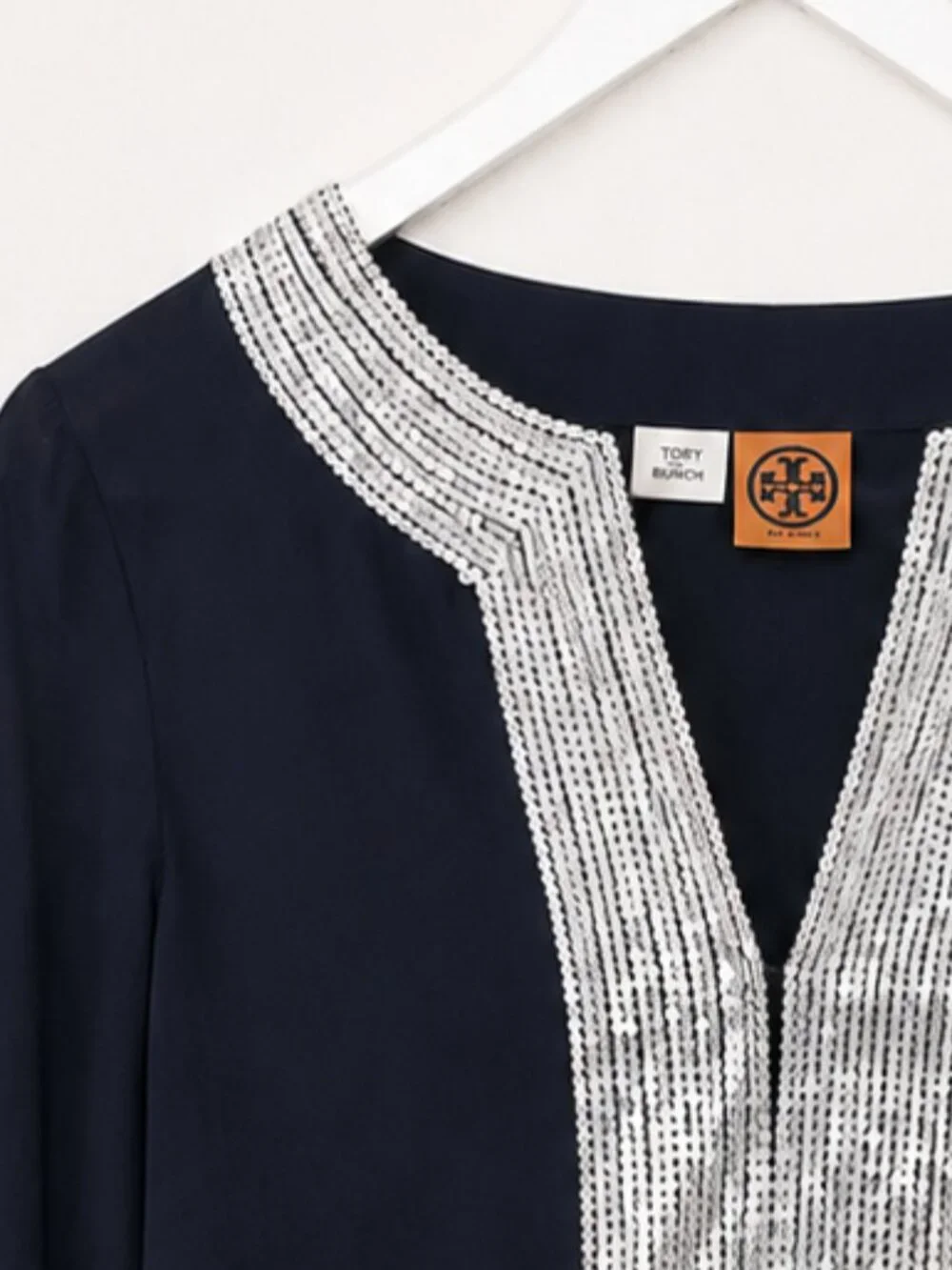 Tory Burch Silver Sequin & Navy Blue Long Sleeve Tunic Top